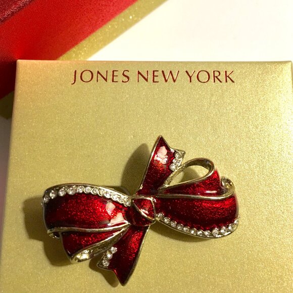 Jones New York Holiday Bow Faux Rhinestone Brooch - Picture 1 of 4